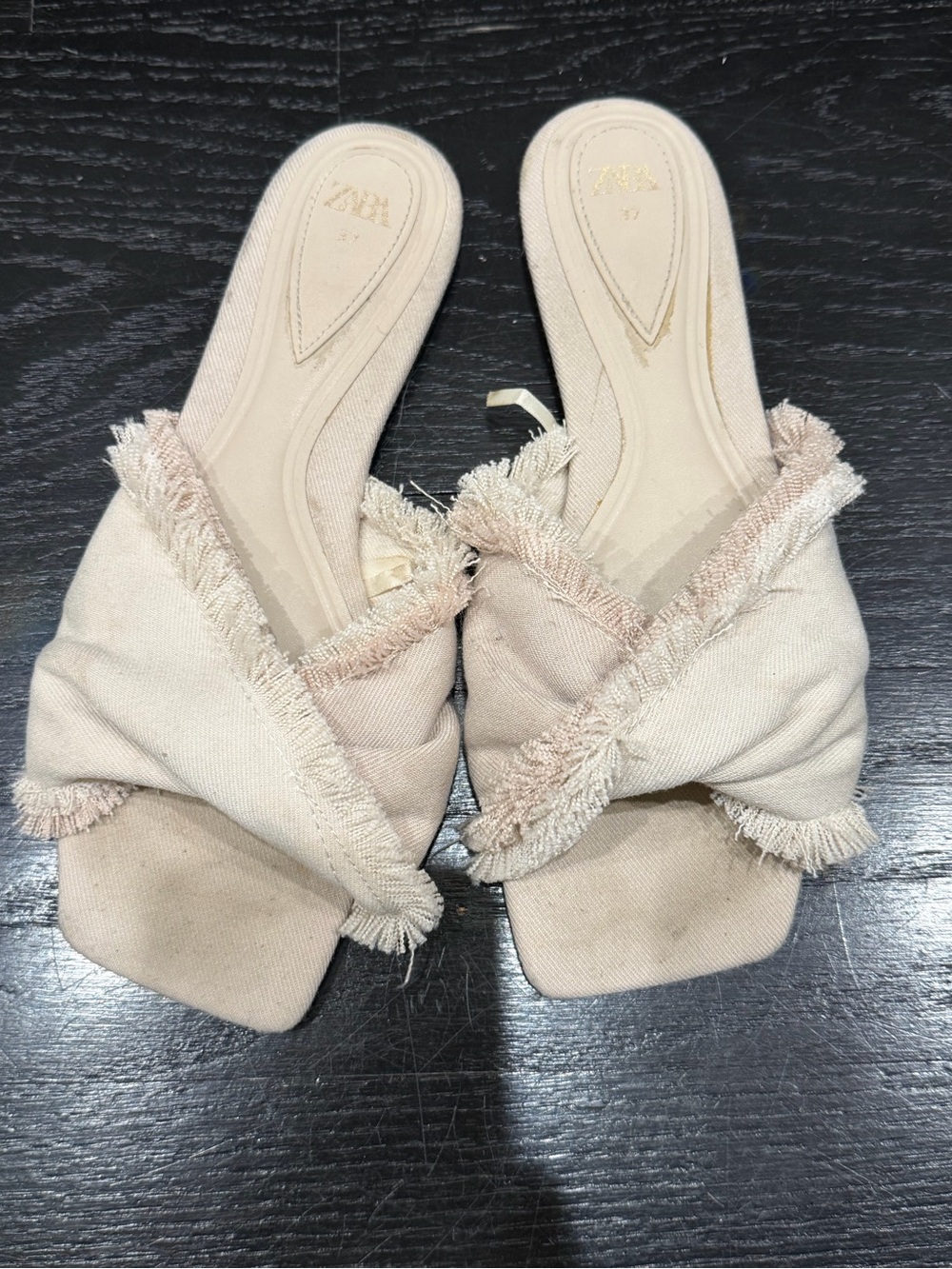 Zara Cream Frayed Crossband Slide Mules - Women